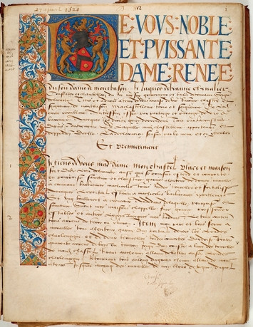 Aveu de Jacques de Beaune rendu à Renée du Fou en 1520 (cote AD37 : 1J1254)