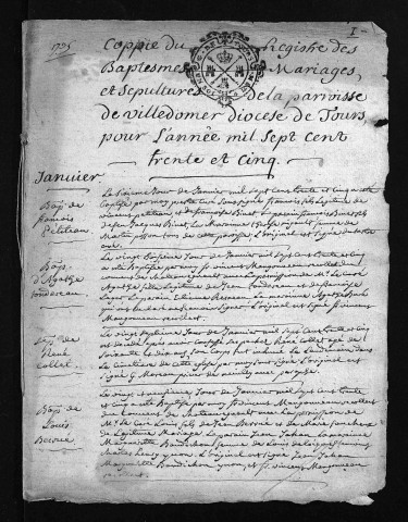 Collection du greffe. Baptêmes, mariages, sépultures, 1735 - Les années 1707-1734 sont lacunaires dans cette collection