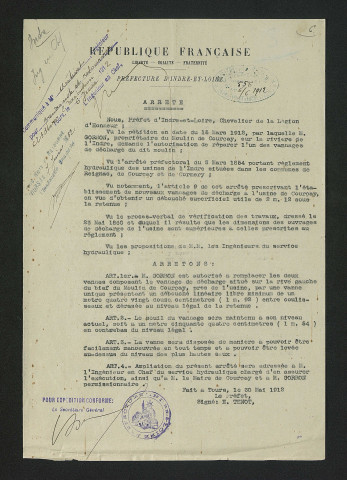 Arrêté préfectoral autorisant la modification du vannage de rive gauche du bief (30 mai 1922)