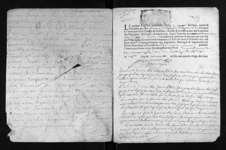 Baptêmes, mariages, sépultures, 1699 - Les années 1694-1698 sont lacunaires dans la collection du greffe