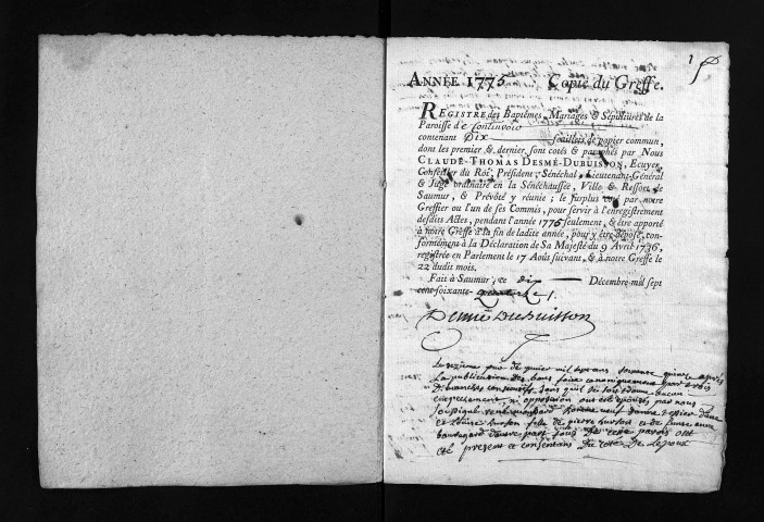 Collection du greffe. Baptêmes, mariages, sépultures, 1775