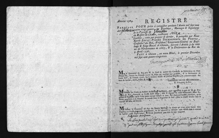 Collection du greffe. Baptêmes, mariages, sépultures, 1784