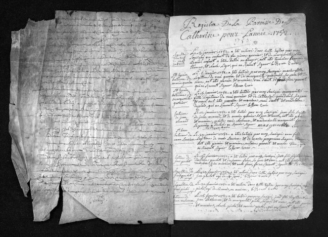Collection du greffe. Baptêmes, mariages, sépultures, 1752-1753 - Les années 1707-1751 sont lacunaires dans cette collection
