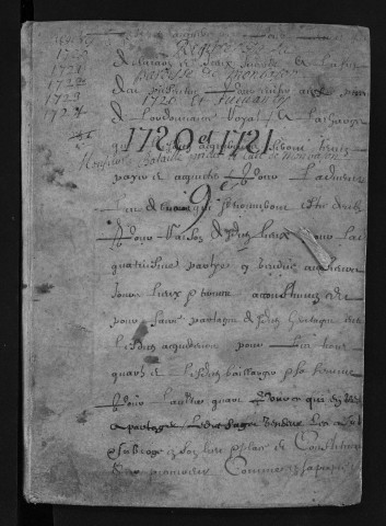 Collection communale. Baptêmes, mariages, sépultures, 1720-1721. Contient aussi 2 actes de 1723
