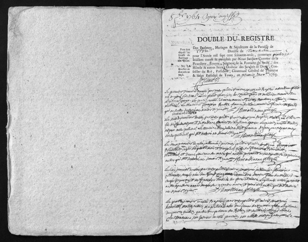 Collection du greffe. Baptêmes, mariages, sépultures, 1763