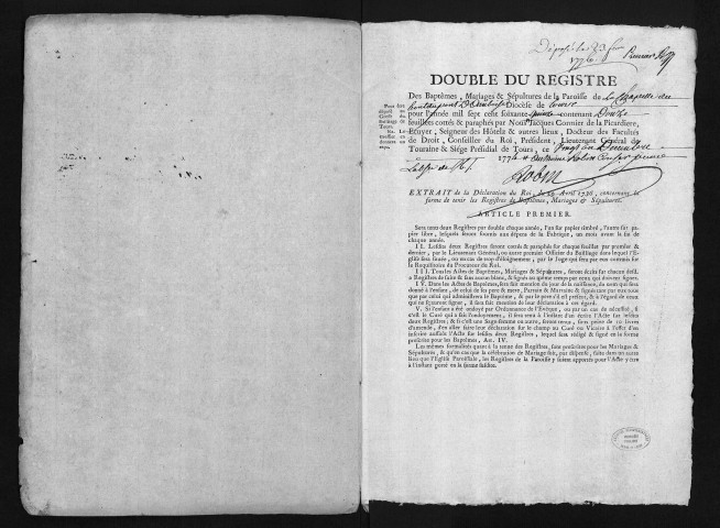 Collection du greffe. Baptêmes, mariages, sépultures, 6 janvier 1775-23 janvier 1776