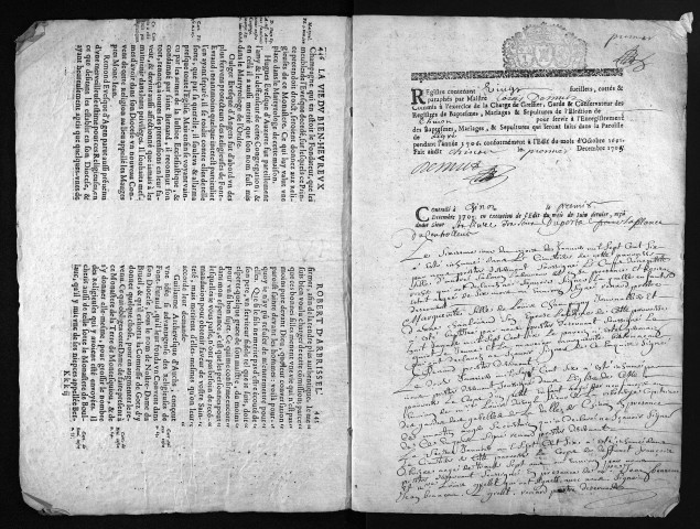 Collection du greffe. Baptêmes, mariages, sépultures, 1706 - Les années 1689-1705 sont lacunaires dans cette collection