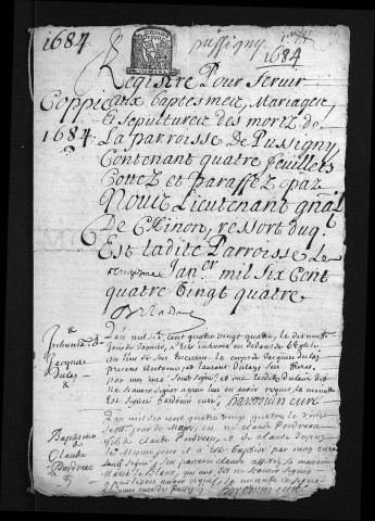 Baptêmes, mariages, sépultures, 1684 - L'année 1683 est lacunaire dans la collection du greffe