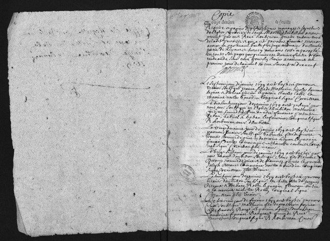 Collection du greffe. Baptêmes, mariages, sépultures, 1679 - La période 1669-1678 est lacunaire dans les 2 collections
