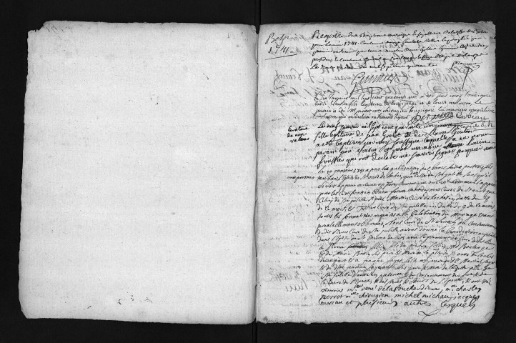 Collection du greffe. Baptêmes, mariages, sépultures, 1741