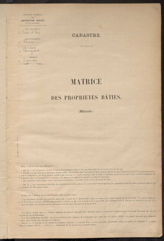 Matrice des propriétés bâties ; récapitulation ; table alphabétique des propriétaires.