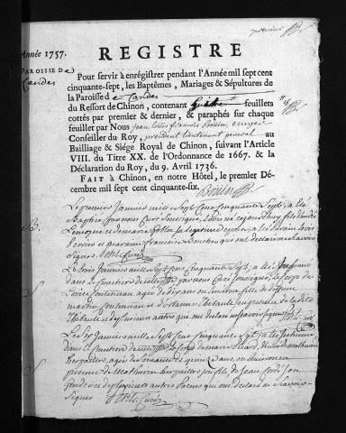 Collection du greffe. Baptêmes, mariages, sépultures, 1757