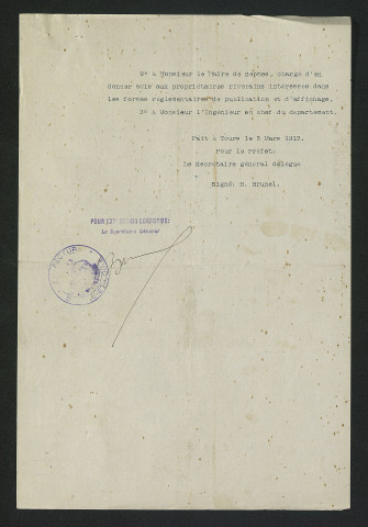 Arrêté préfectoral délimitant le remous du moulin d'Écorchebœuf (3 mars 1913)