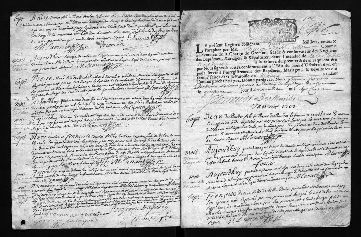 Collection communale. Baptêmes, mariages, sépultures, 1702