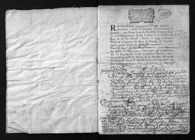 Collection du greffe. Baptêmes, mariages, sépultures, 1699 - Les années 1670-1698 sont lacunaires dans cette collection