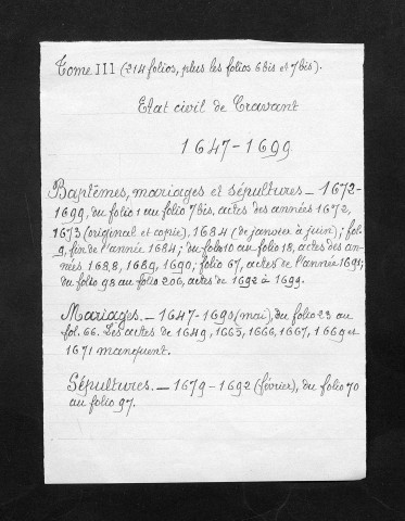 Collection communale. Baptêmes, mariages, sépultures, 1647-1699