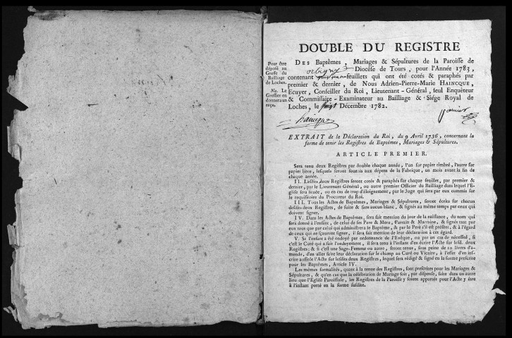 Collection du greffe. Baptêmes, mariages, sépultures, 1783