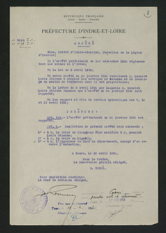 Suppression du moulin, report de l'arrêté du 24 janvier 1930 (12 avril 1930)