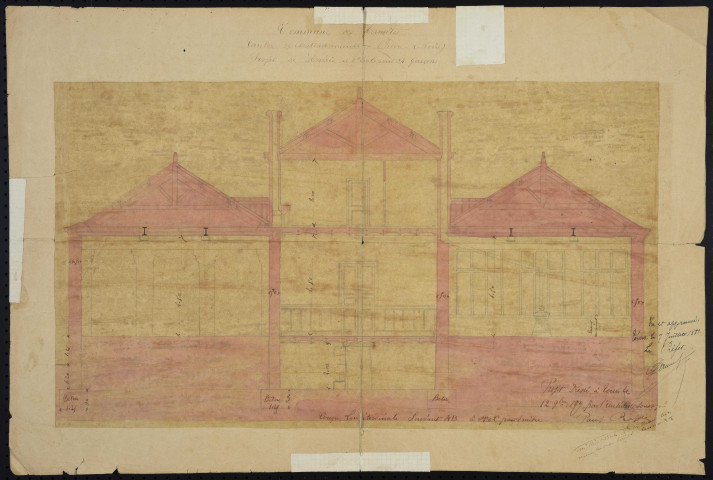 Ecoles et mairie, acquisition d'une maison d'école ; construction d'une mairie et d'une école de garçons ; construction d'une école de filles : devis, plans, correspondance.