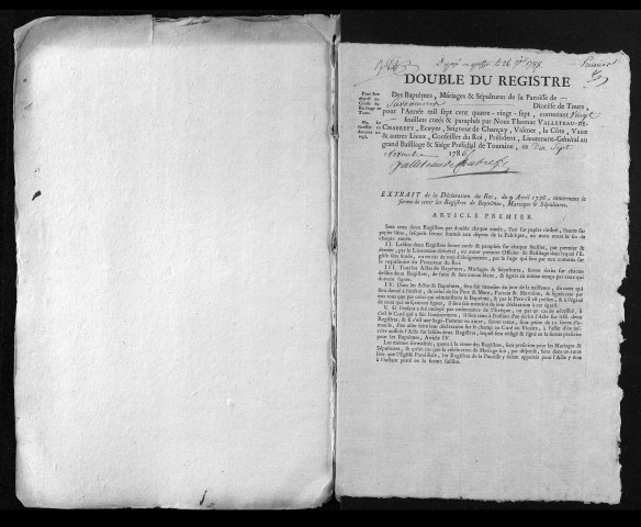 Collection du greffe. Baptêmes, mariages, sépultures, 1787