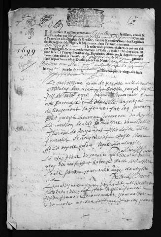 Collection du greffe. Baptêmes, mariages, sépultures, 1699 - Les années 1695-1698 sont lacunaires dans cette collection