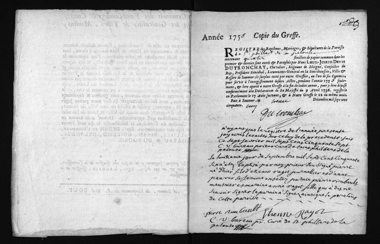 Collection du greffe. Baptêmes, mariages, sépultures, 1756