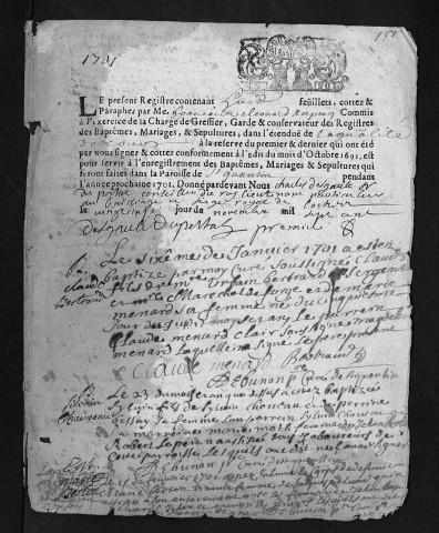 Collection communale. Baptêmes, mariages, sépultures, 1701-1749 - L'année 1706 est lacunaire dans cette collection
