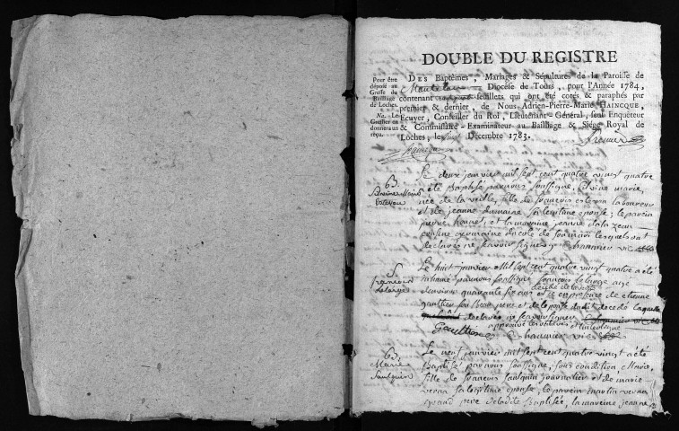 Collection du greffe. Baptêmes, mariages, sépultures, 1784