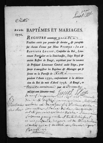Baptêmes, mariages, 1770