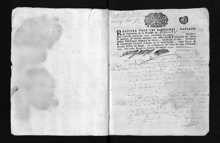 Collection du greffe. Baptêmes, mariages, sépultures, 1695