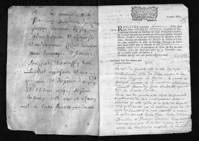 Collection du greffe. Baptêmes, mariages, sépultures, 1700-1701