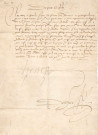 Lettre du roi Henri II « aux gens des comptes de Blois » leur demandant d'autoriser Pierre Deslandes, jardinier de Montfrault à clore une petite noue située au-dessous du jardin royal ce qui lui permettra d'en récolter le foin pour nourrir deux vaches et d'avoir du fumier pour mettre dans le jardin du roi, alors qu'il lui est difficile de s'en procurer en raison de l'isolement du domaine.