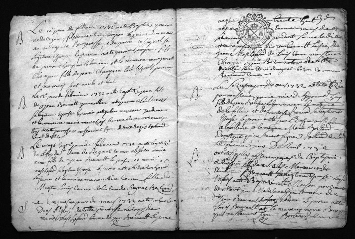 Collection du greffe. Baptêmes, mariages, sépultures, 1732