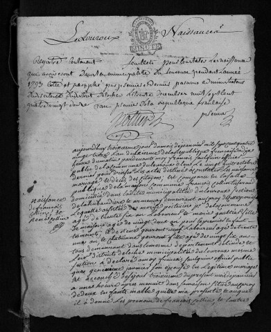 Naissances, mariages, décès, 1793-an X - Pour les mariages de l'an VII et de l'an VIII, se reporter à la municipalité de canton (Manthelan)