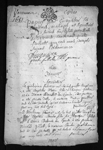 Baptêmes, mariages, sépultures, 1681 - Les années 1676-1680 sont lacunaires dans les deux collections