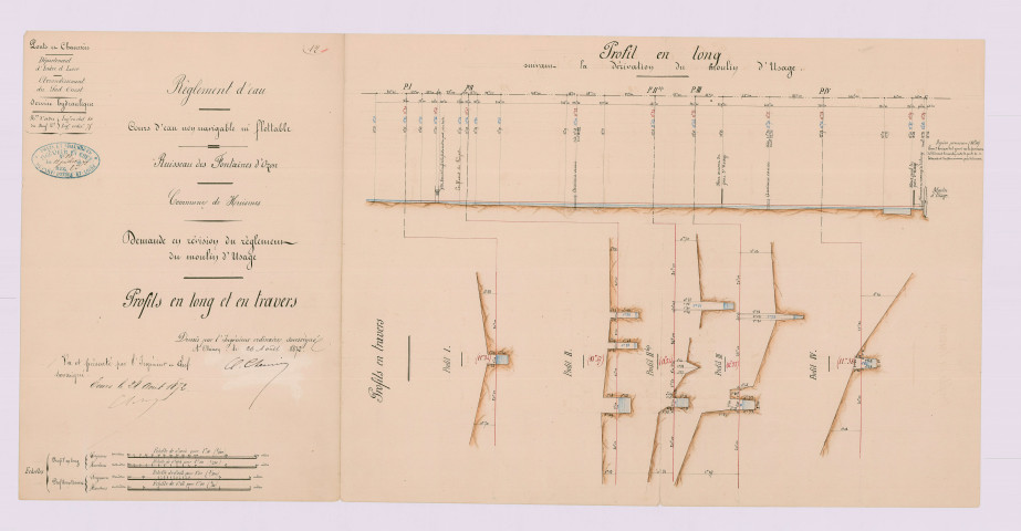 Révision du règlement d'eau : plan et détails, profils en long et en travers (26 août 1872)