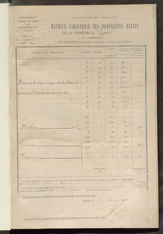 Matrice des propriétés bâties ; augmentations et diminutions, 1883-1891 ; séparation des revenus cadastraux afférents, pour l'année 1882, aux propriétés bâties et non bâties (état-balance) ; table alphabétique des propriétaires.