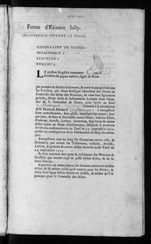 Centième denier et insinuations suivant le tarif (19 octobre 1735-16 mai 1739 )