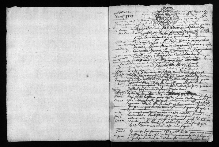 Collection du greffe. Baptêmes, mariages, sépultures, 1737