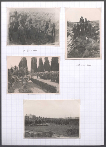 Tours (Indre-et-Loire). Base aérienne et cimetière. Funérailles de soldats allemands. Travaux de comblement après un bombardement.