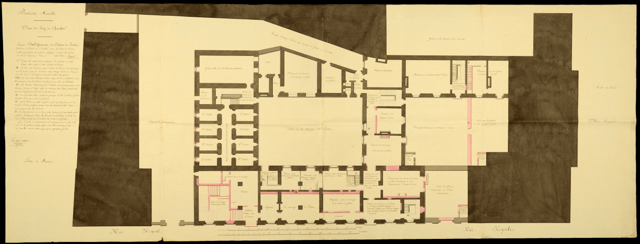 Réunion des tribunaux, des prisons et de la caserne de gendarmerie dans le palais de justice. Travaux d'installation, de réparation, d'aménagement et d'entretien : rapports, notes, correspondance, extraits de délibérations, cahiers des charges, affiches, plans, comptes, soumissions, devis, mémoires, procès-verbaux d'adjudication et de réception des travaux.
