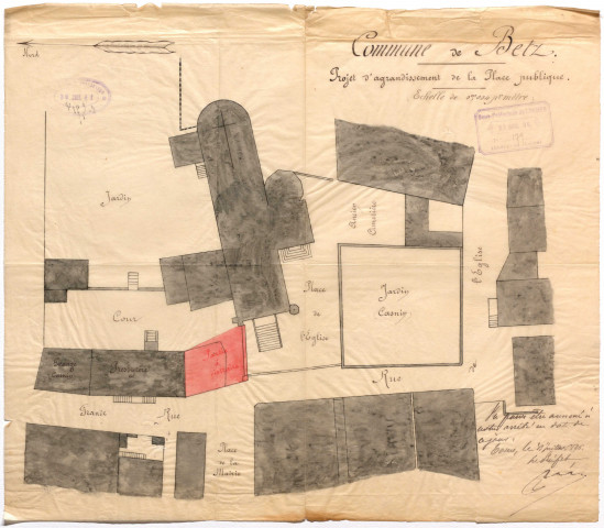 Un plan géométrique de la place publique (1862), 4 plans : projet d'agrandissement de la place publique (1896).