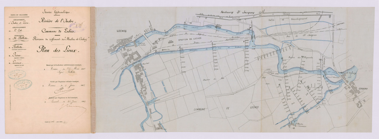 Révision du règlement d'eau : plan des lieux, trois profils en long et en travers, plan et détails (23 mai 1902)