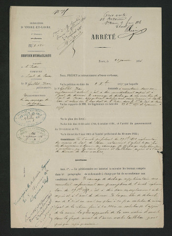 Arrêté préfctoral autorisant la reconstruction d'une vanne de décharge supplémentaire (21 janvier 1876)
