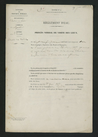 Projet de règlement d'eau, visite de l'ingénieur des Ponts et chaussées (29 juin 1853)