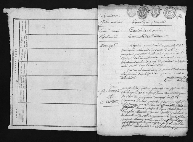 Mariages, an VI - Pour les mariages de l'an VII et de l'an VIII, se reporter à la municipalité de canton (Montrésor)