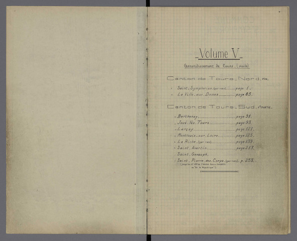 Volume V - Cantons de Tours nord (2nde partie) et de Tours sud : page de titre