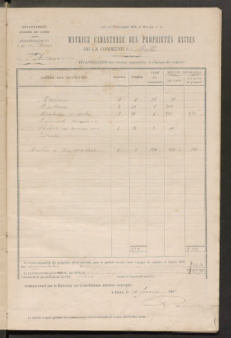 Matrice des propriétés bâties ; augmentations et diminutions, 1883-1891 ; séparation des revenus cadastraux afférents, pour l'année 1882, aux propriétés bâties et non bâties (état-balance) ; table alphabétique des propriétaires.