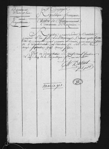 Mariages, an VI - Pour les mariages de l'an VII et de l'an VIII, se reporter à la municipalité de canton (Château-Renault)