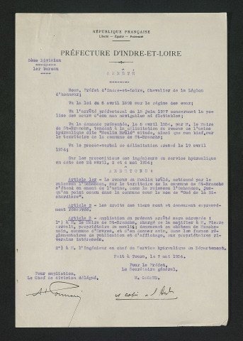 Remous du moulin. Arrêté préfectoral (7 mai 1934)